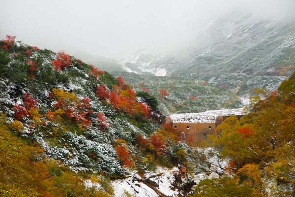 写真：積雪と紅葉